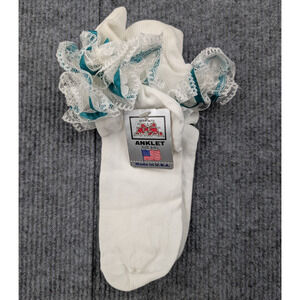 Vintage Nylon Socks Womens 8-9.5 Coquette Cream Teal Frilly Church Lace Y2K 90s